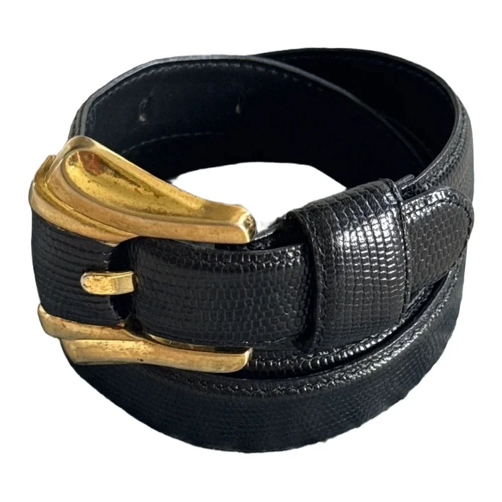 VTG Liz Claiborne Womens Belt Black Leather Lizard Embossed Gold Buckle Medium